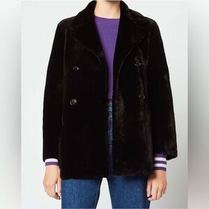 Sandro Paris Black Sheepskin Sherpa Pea Coat 100% Genuine Shearling Jacket